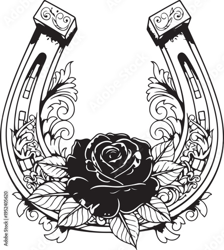 Horseshoe icon with flower. . Silhouette horseshoe. Symbol of happiness and wealth. Vector illustration