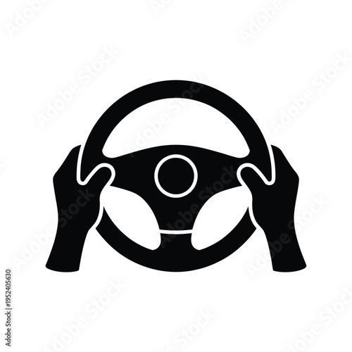 A simplistic black icon depicting hands gripping a steering wheel