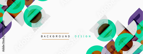 Abstract geometric shapes overlap, creating vibrant background. Colors include teal, purple, gray. Minimalist design feels modern, clean.