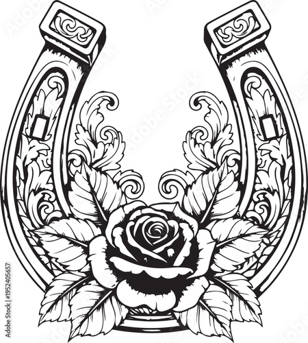 Horseshoe icon with flower. . Silhouette horseshoe. Symbol of happiness and wealth. Vector illustration