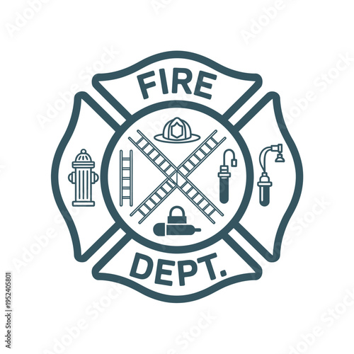 A detailed fire department maltese cross emblem with tools and lettering