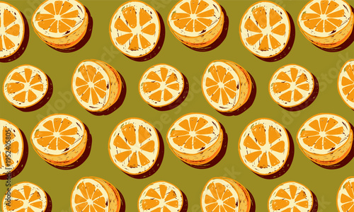 A graphic illustration featuring a repeating pattern of halved oranges with bold shadows on a solid olive green backdrop.