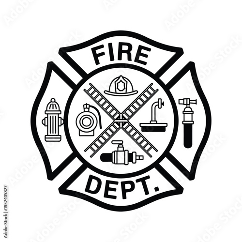 A black and white fire department maltese cross emblem with firefighting tools