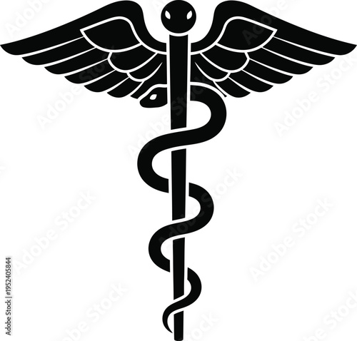 Silhouette of rod of asclepius with wings and snake