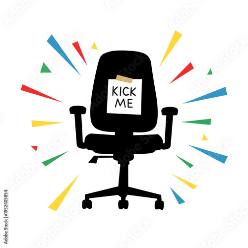 A black silhouette of an office chair with a kick me note taped to the back surrounded by colorful geometric bursts for april fools day humor.