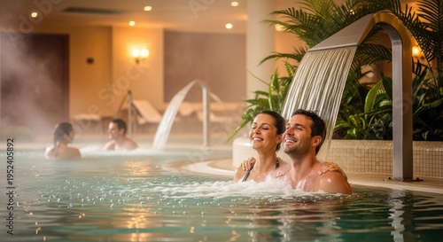 Happy Young Couple Relaxing in Luxury Indoor Thermal Spa Pool with Water Fountain