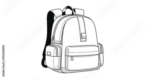 Detailed line drawing of a backpack with multiple pockets and straps, black and white vector illustration for school or travel.