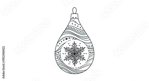 Single Christmas ornament in a teardrop shape with a snowflake and wavy line patterns, black and white holiday decoration icon.