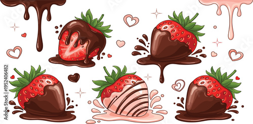 Chocolate Covered Strawberry Vector Set with Dripping Chocolate, Sweet Dessert Berries, Hearts and Splash Elements for Valentine Dessert Design and Food Illustration