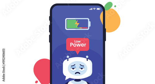 Smartphone screen showing a sad robot face with a low power warning and battery icon, representing technical issues or energy.