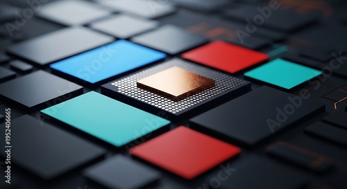 A microchip on a circuit board with colorful squares