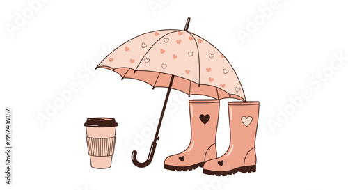 Autumn themed illustration depicts a pink umbrella with heart patterns alongside matching rain boots and a coffee cup icon.