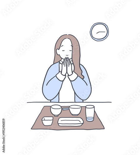 食事が終わってごちそうさまをする女性のイラスト素材