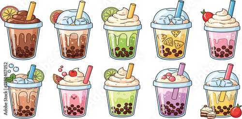Colorful Bubble Tea Boba Drink Set with Fruit, Milk Tea, Ice Cubes, and Tapioca Pearls in Cute Cups for Cafe Menu and Beverage Designs