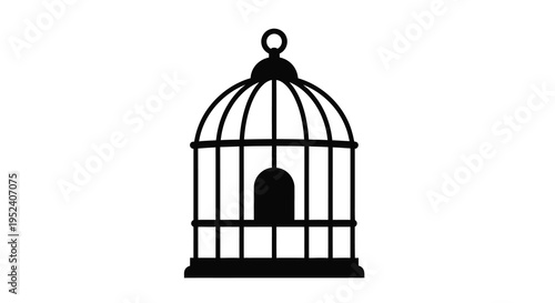 An empty birdcage with a rounded top and open doorway silhouette
