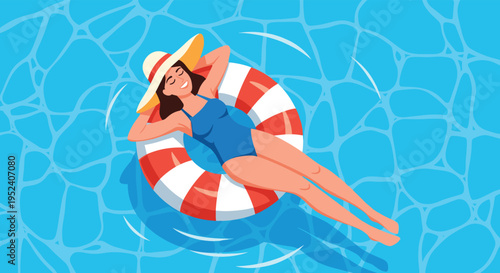 Happy young woman in a blue swimsuit and sun hat relaxes on a red and white lifebuoy in a clear blue swimming pool.
