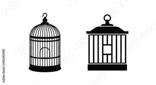 Two vintage birdcages in a simple black design silhouette