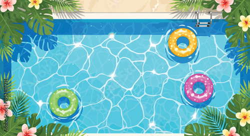 Overhead view of a turquoise swimming pool is framed by tropical monstera leaves and features three colorful inflatable rings.