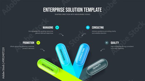 Marketing Solution Slide Design Vector Illustration. Consulting Introduction 4 Option Diagram Frame Layout. Project Insight Four Element Infographic Presentation Template.