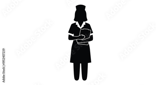 A nurse stands holding a clipboard a striking black silhouette