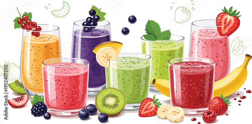 Colorful Fresh Fruit Smoothie Glass Collection with Strawberry, Kiwi, Banana, Blueberry and Tropical Flavors Isolated for Healthy Drink Menu, Juice Bar, and Nutrition Designs
