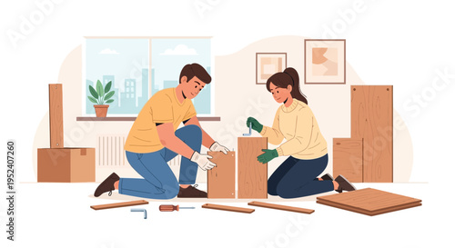 Couple assembling furniture at home, DIY home improvement, teamwork, new home setup