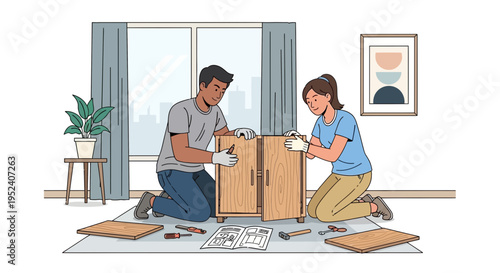 Couple assembling furniture at home, DIY home improvement, teamwork and domestic life