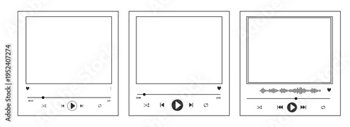 Video music player display frame, line doodle bar with buttons, progress line, sound. Hand drawn border, media window. Panel icon,