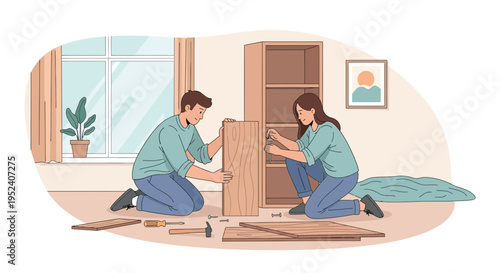 Couple assembling furniture at home, DIY home improvement, teamwork, new home setup