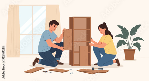 Couple assembling furniture at home, DIY home improvement, teamwork, new home setup