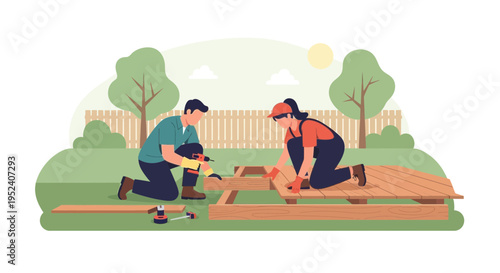 Couple building a wooden deck in their backyard on a sunny day