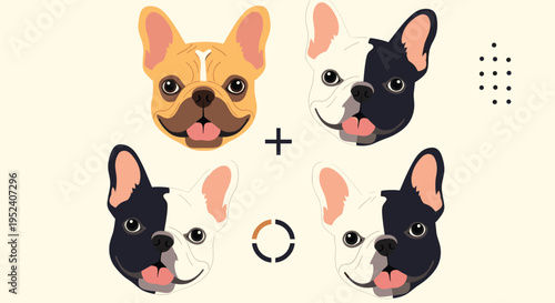 Graphic illustration features four French Bulldog heads in tan and black and white colors arranged around a central cross.