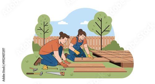 Couple building a wooden deck in backyard, DIY home improvement, outdoor activity