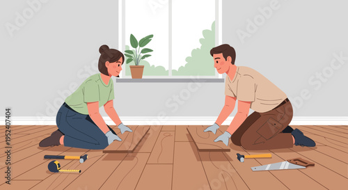 Couple installing new wooden floor, DIY home renovation, teamwork, home improvement