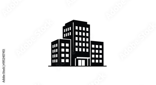 Modern cityscape featuring multiple buildings in stark black silhouette