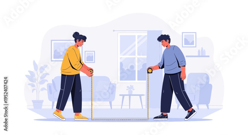 Couple measuring living room for renovation or furniture placement, interior design concept