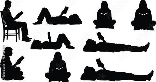 Black silhouettes of people reading books in different poses lying down sitting and resting on chair isolated on white background,
