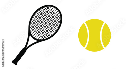 Tennis racket and ball illustration with a striking black silhouette