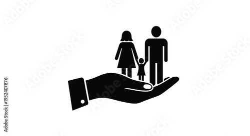 A protective hand cradles a family in black silhouette