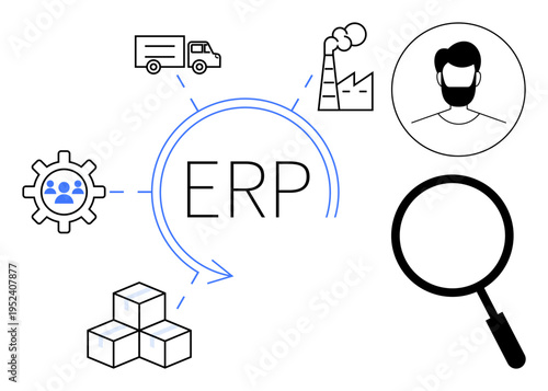 ERP system concept. ERP integrates supply chain, logistics, and manufacturing processes for streamlined operations. ERP improves efficiency in business management. For IT, logistics, business