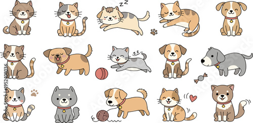 Cute Cat and Dog Cartoon Character Set with Sleeping, Playing, Sitting and Running Pets with Toys in Adorable Kawaii Animal Illustration