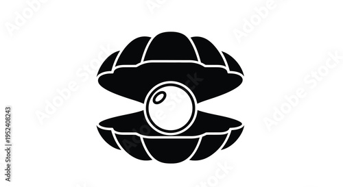 A black silhouette of an open oyster with a pearl inside