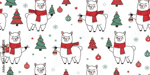 Cute Christmas Llama Seamless Pattern with Cartoon Alpacas, Christmas Trees, Ornaments, Snowflakes and Stars for Holiday Textile, Kids Fabric and Wrapping Paper Design