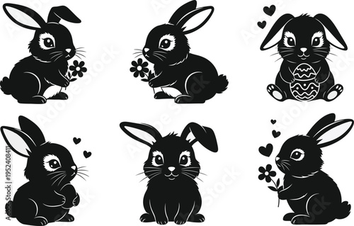 Six adorable rabbits with floral and heart decorations