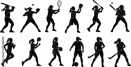 Collection of female athlete silhouettes playing various sports like soccer, basketball, tennis, softball, baseball, and field hockey for active lifestyle.