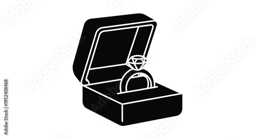 Open jewelry box displaying a diamond ring stark black silhouette