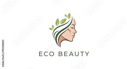 Eco Beauty Logo with Female Face Profile and Green Leaf Hair, Natural Cosmetics Concept on Isolated White Background