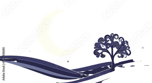 A stylized graphic illustration featuring a dark blue ornate tree on a wavy ground with a large pale crescent moon in the background.
