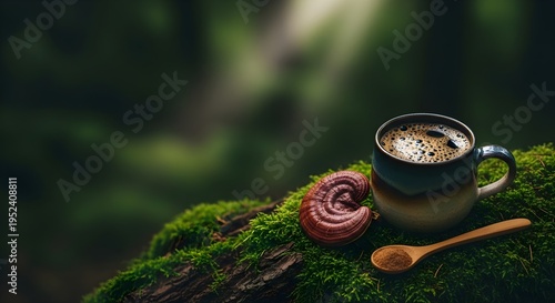 Frothy Mushroom Coffee on Mossy Forest Floor, Adaptogen Reishi and Wellness Ritual Concept