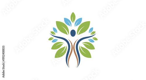 Abstract Human Figure Tree with Green Leaves, Wellness and Nature Balance Concept on Isolated White Background